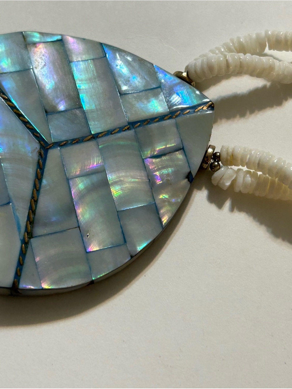 Vintage Mother of Pearl Shell Mosaic Leaf Pendant Necklace Heishe Bead Boho